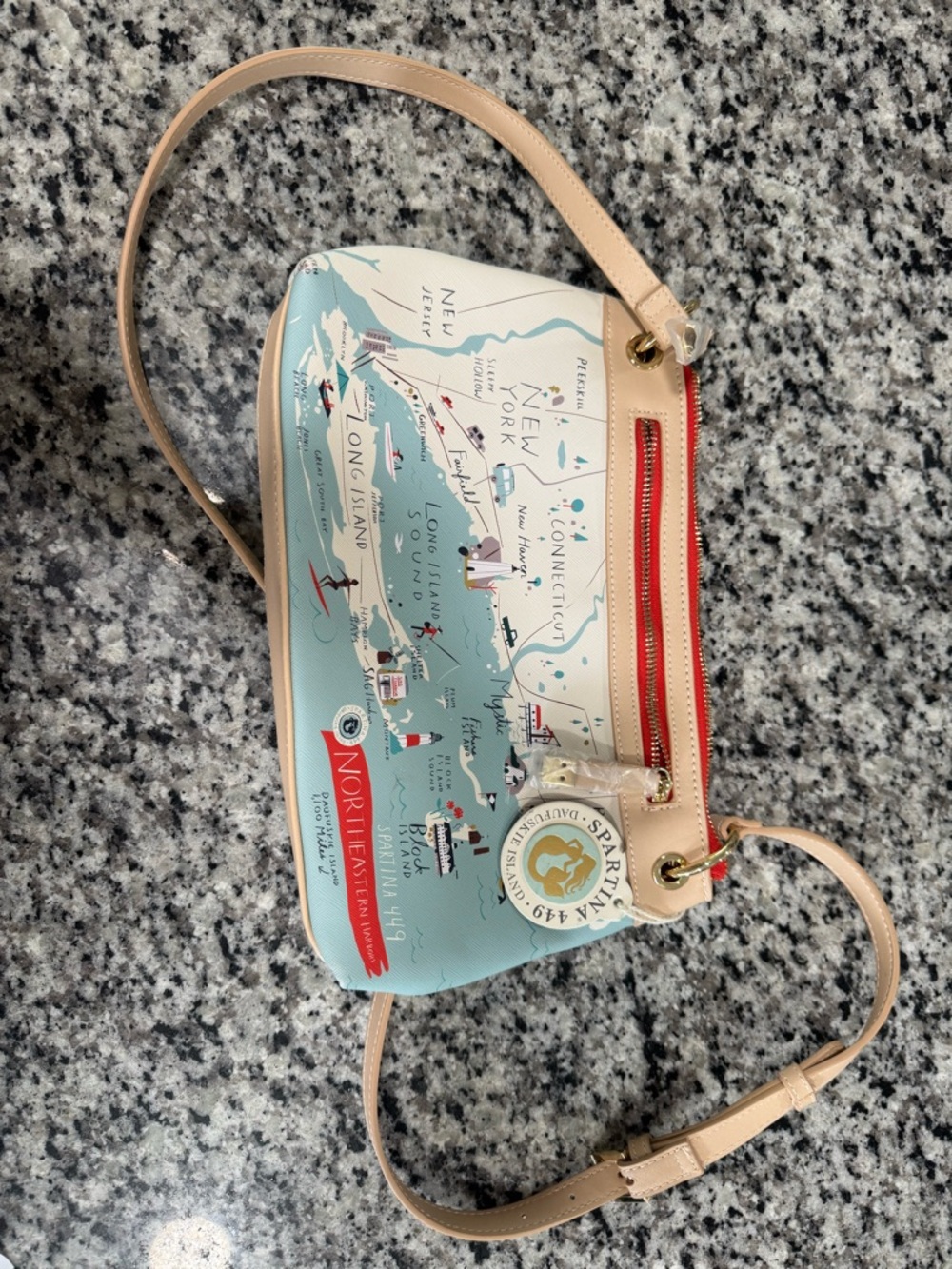 Spartina 449 Aqua Map Crossbody with Tan Trim and Red Zip